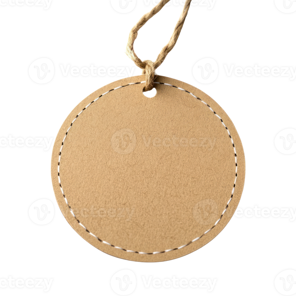 Circular, isolated brown tag with twine for labeling or decorative purposes in various settings png