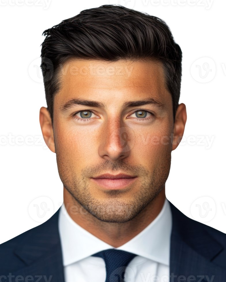 Close up of a young professional man in a formal suit with a confident expression, isolated on a white background png