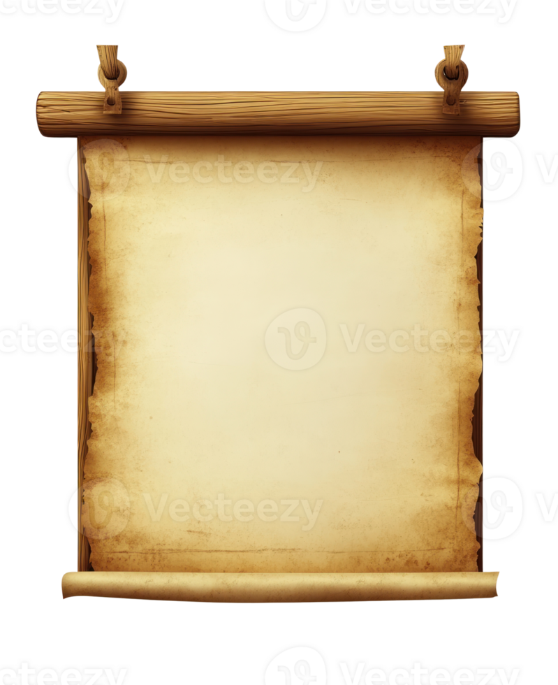 Blank parchment scroll hanging on wooden rods for writing messages or decorations png