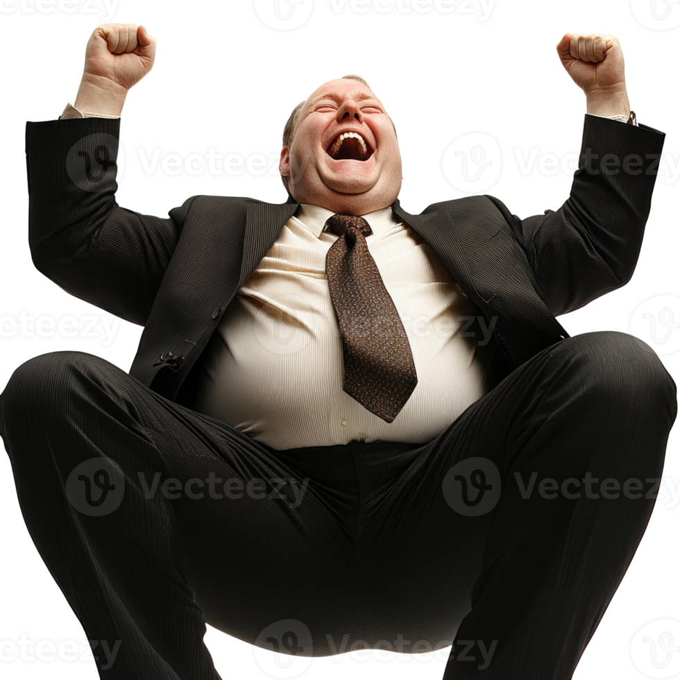Businessman celebrating success with joyful expression and raised arms in isolated setting png