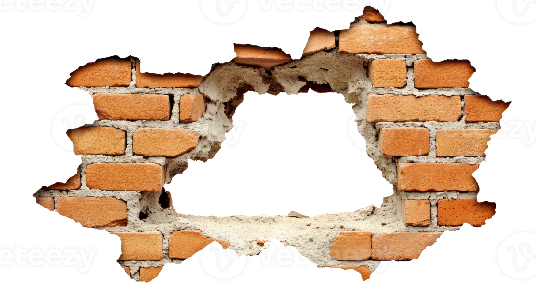 Wall damage revealing bricks and mortar against a white background png