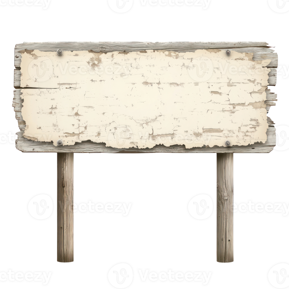 Weathered wooden sign on two posts ideal for customizable messages in outdoor settings png