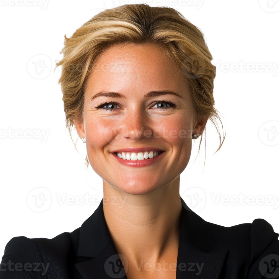 Cheerful woman with blonde hair and professional attire smiling confidently while posing for a portrait png