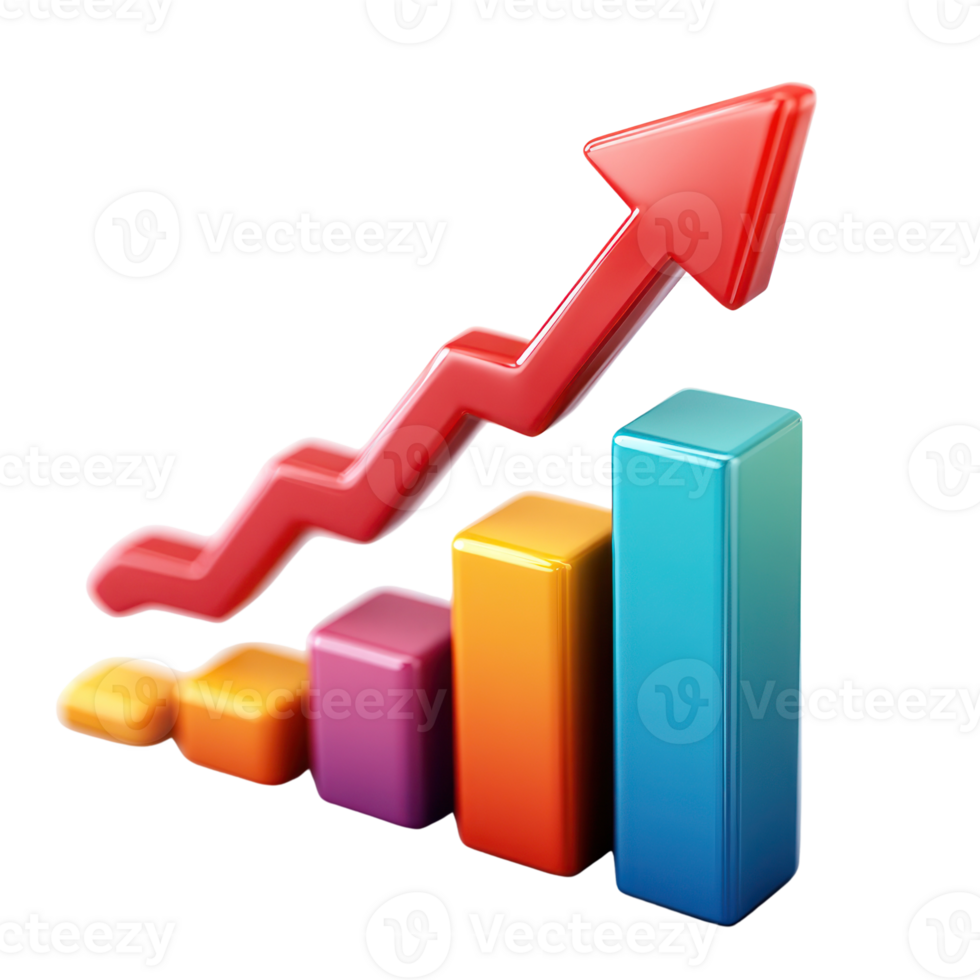 Growing upward trend shown with colorful bars and an arrow indicating progress in data analysis png