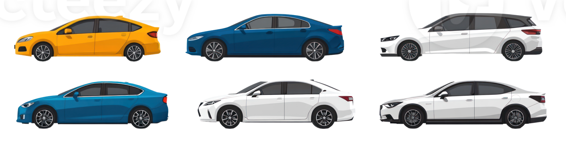 Collection of six car designs showcasing different colors and styles for automotive enthusiasts png