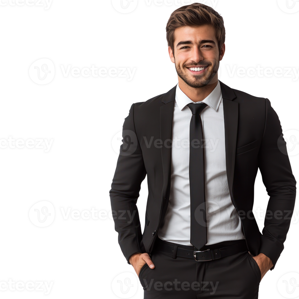 Business professional wearing a black suit with a tie and smiling confidently indoors png