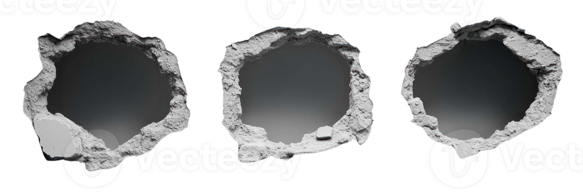 Collection of isolated wall holes showing different shapes and sizes with rough edges on a plain background png