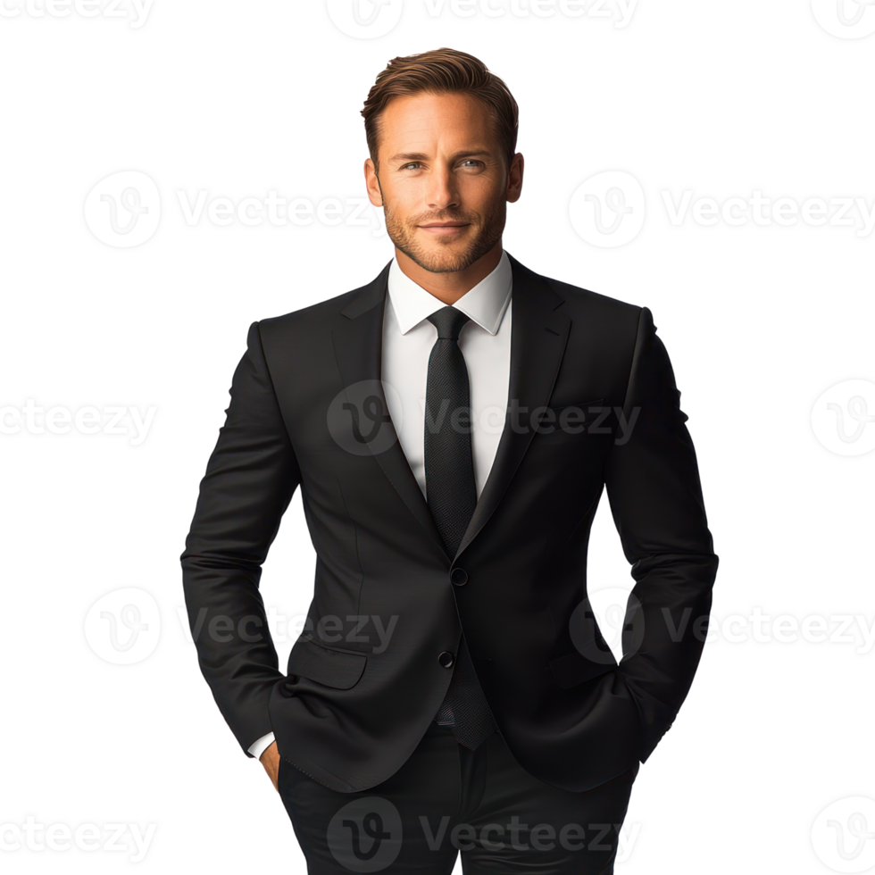 Confident man in black suit and tie with hands in pockets, showcasing professionalism and style png