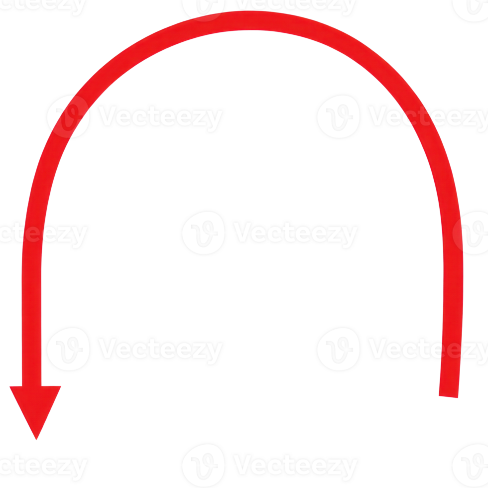 Curved red arrow pointing downwards in isolated display for graphic design use png