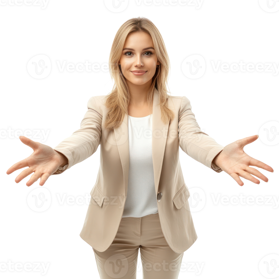 Businesswoman extending arms for a welcoming gesture in a neutral toned outfit png