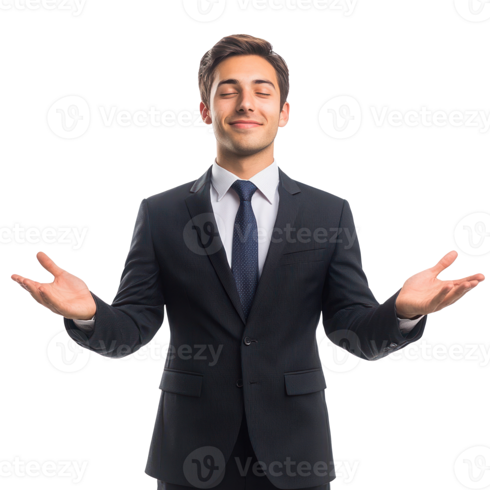 Confident man in suit expressing positivity with open arms against a white background png