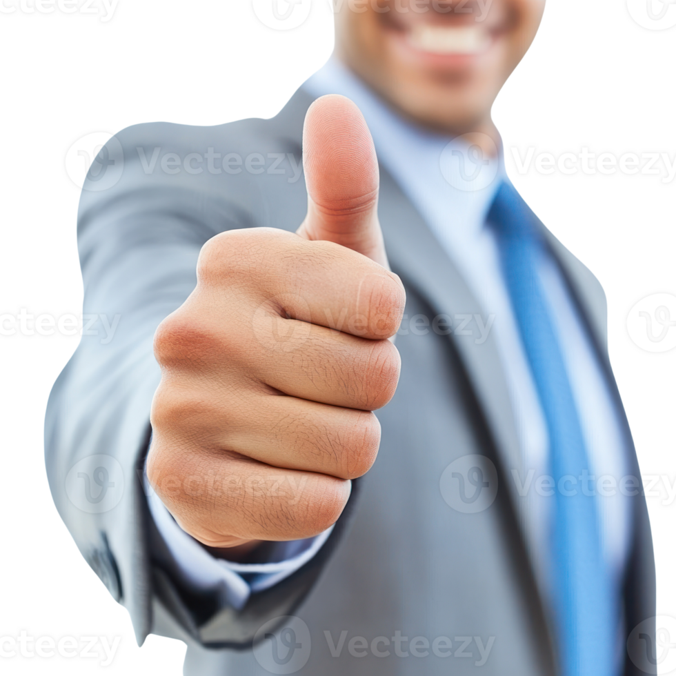 Person showing thumbs up gesture in a business suit against an isolated background png