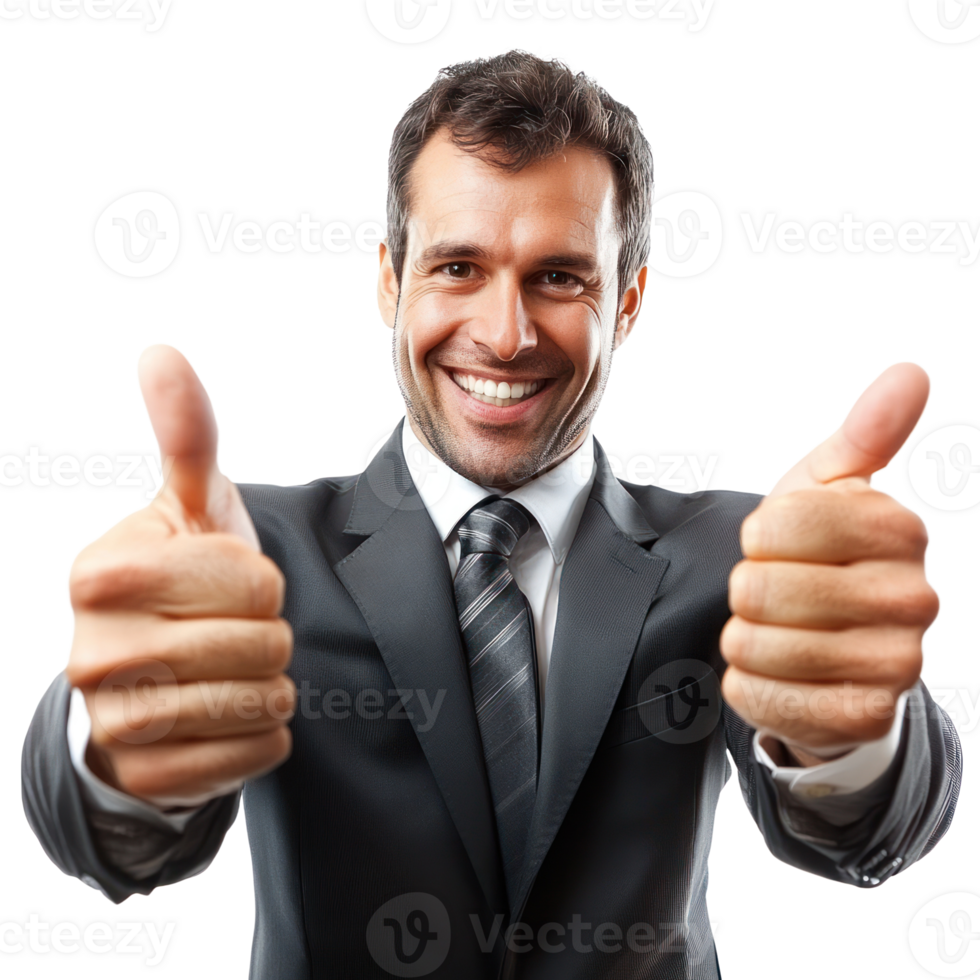 Man in suit giving thumbs up gesture with a smile while posing for a portrait against a white background png