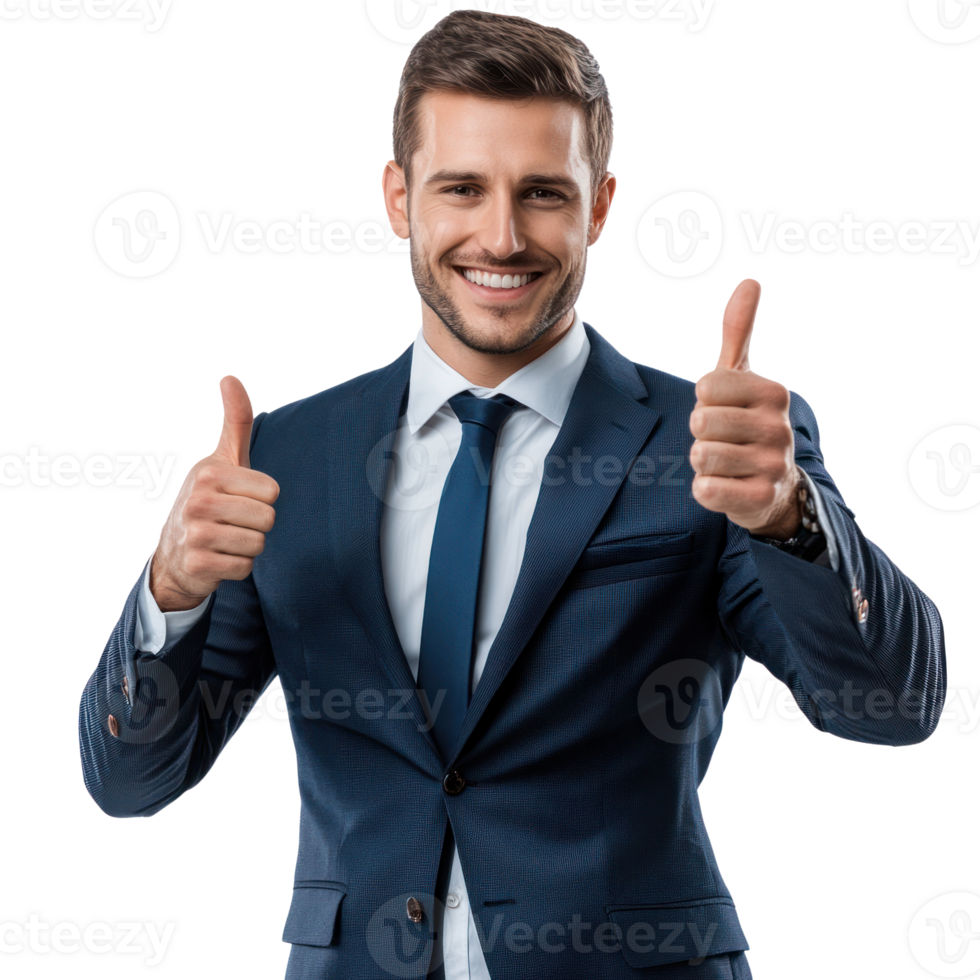 Confident businessman giving thumbs up gesture in professional suit on isolated background png