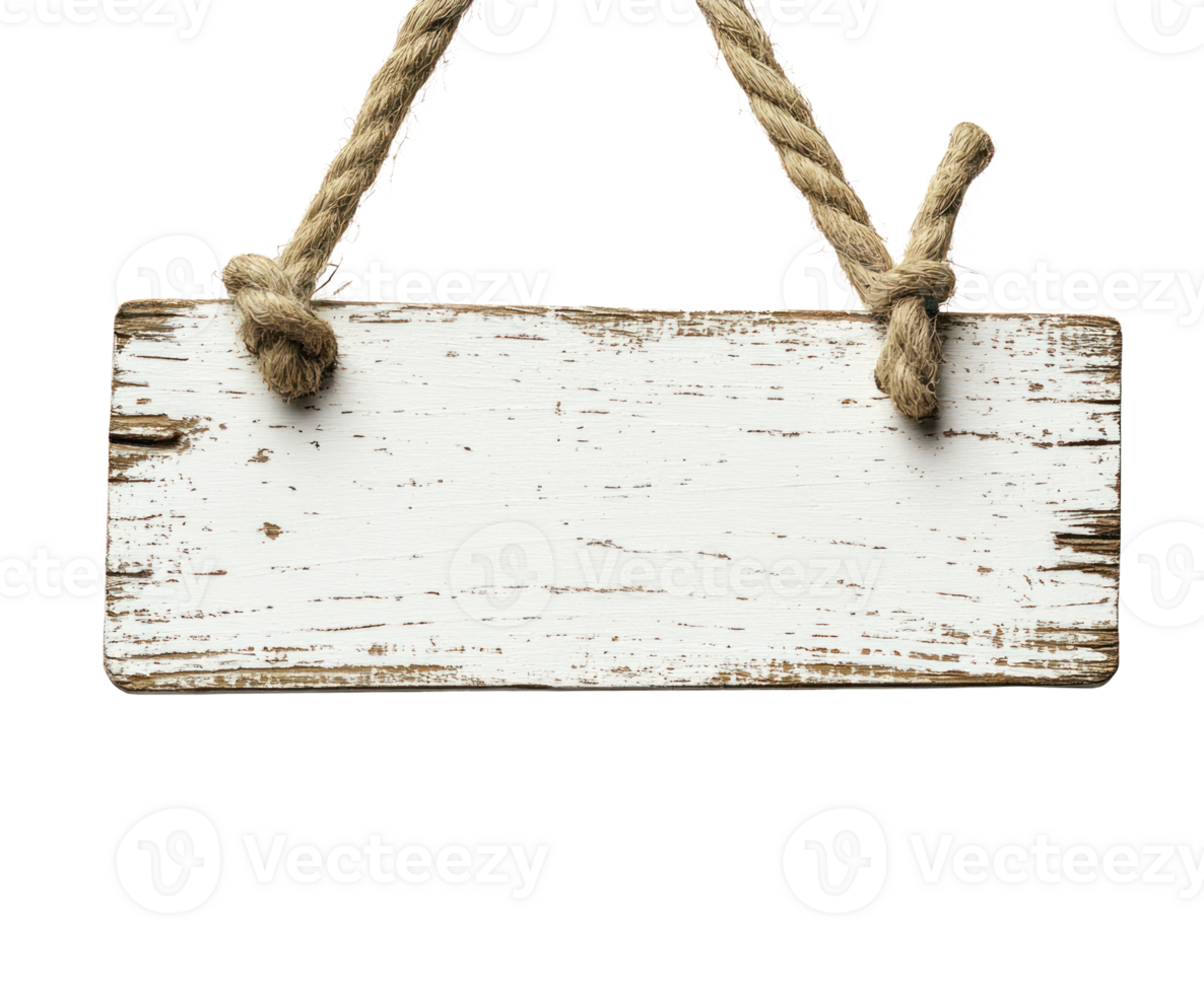 Blank wooden sign with rope hanging on isolated background for creative use in design projects png