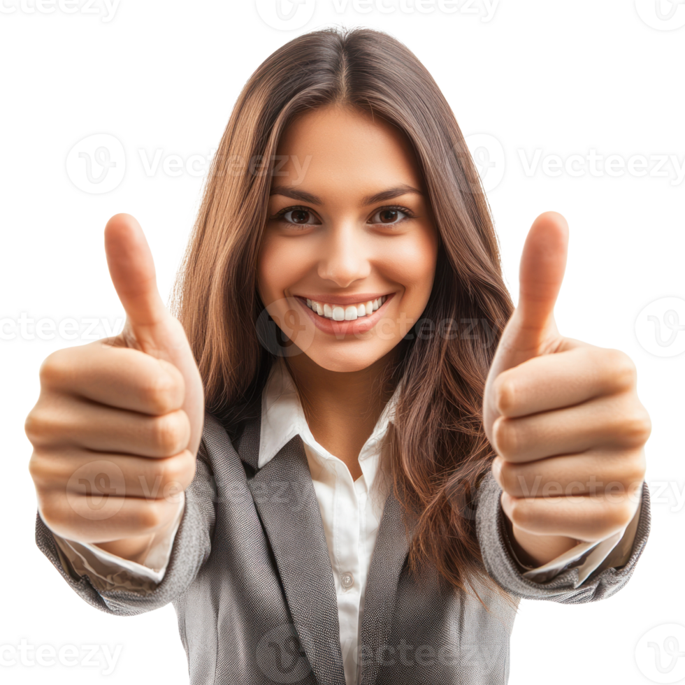 Woman in business attire giving thumbs up gesture with a bright smile and isolated background png