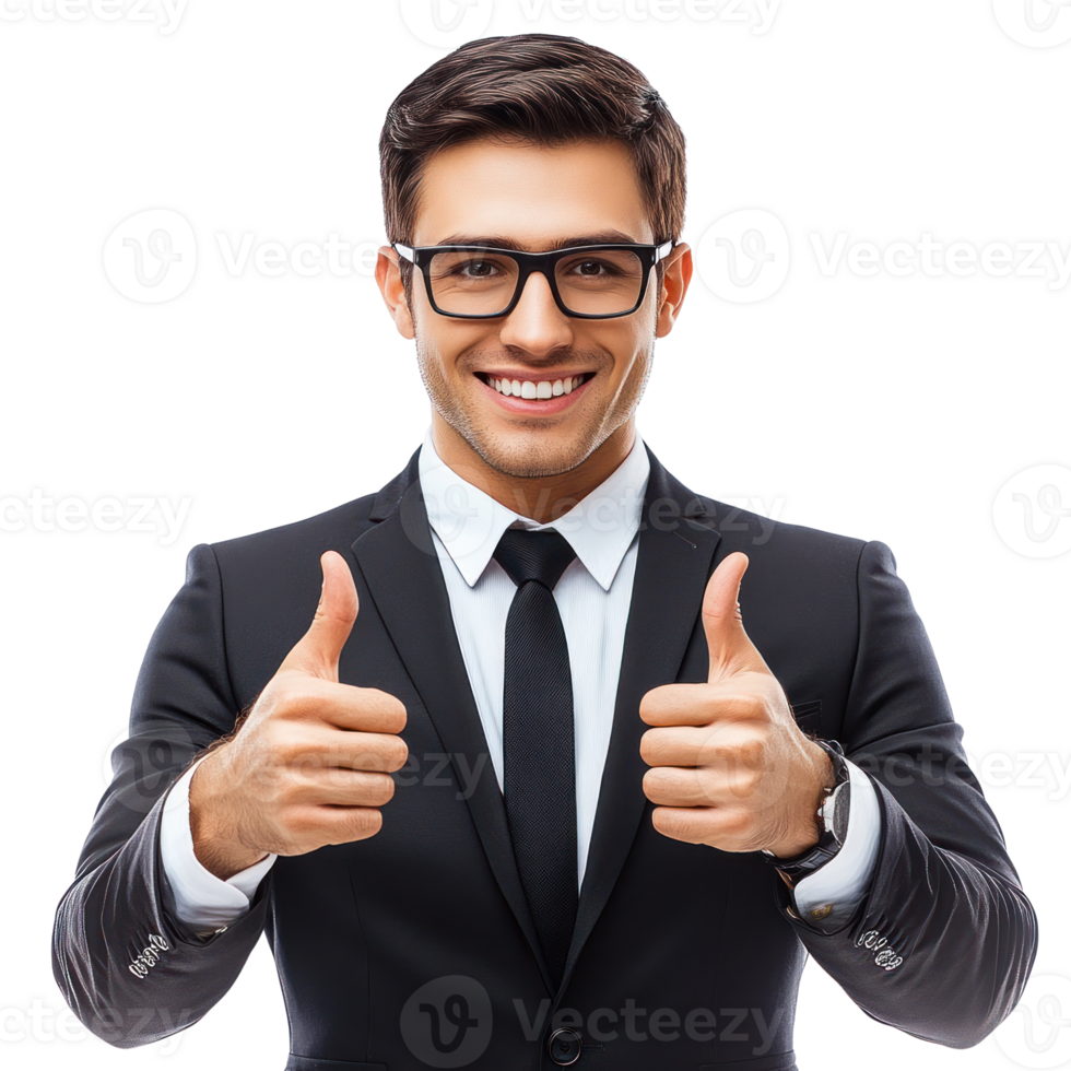 Business professional expressing confidence with thumbs up in a formal suit and glasses png