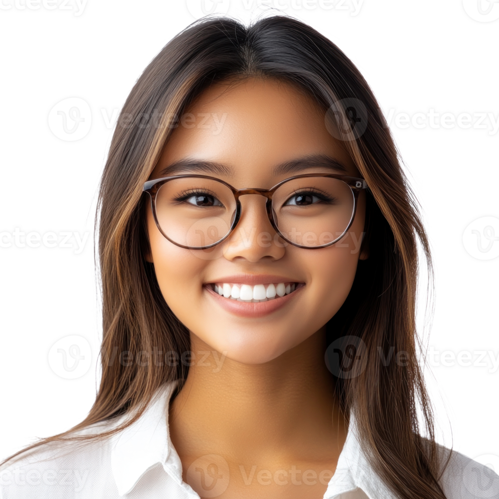 Young woman with long dark hair and glasses smiling in a light background png