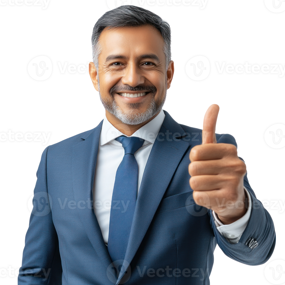 Businessman in suit giving thumbs up with a confident smile in a studio setting png