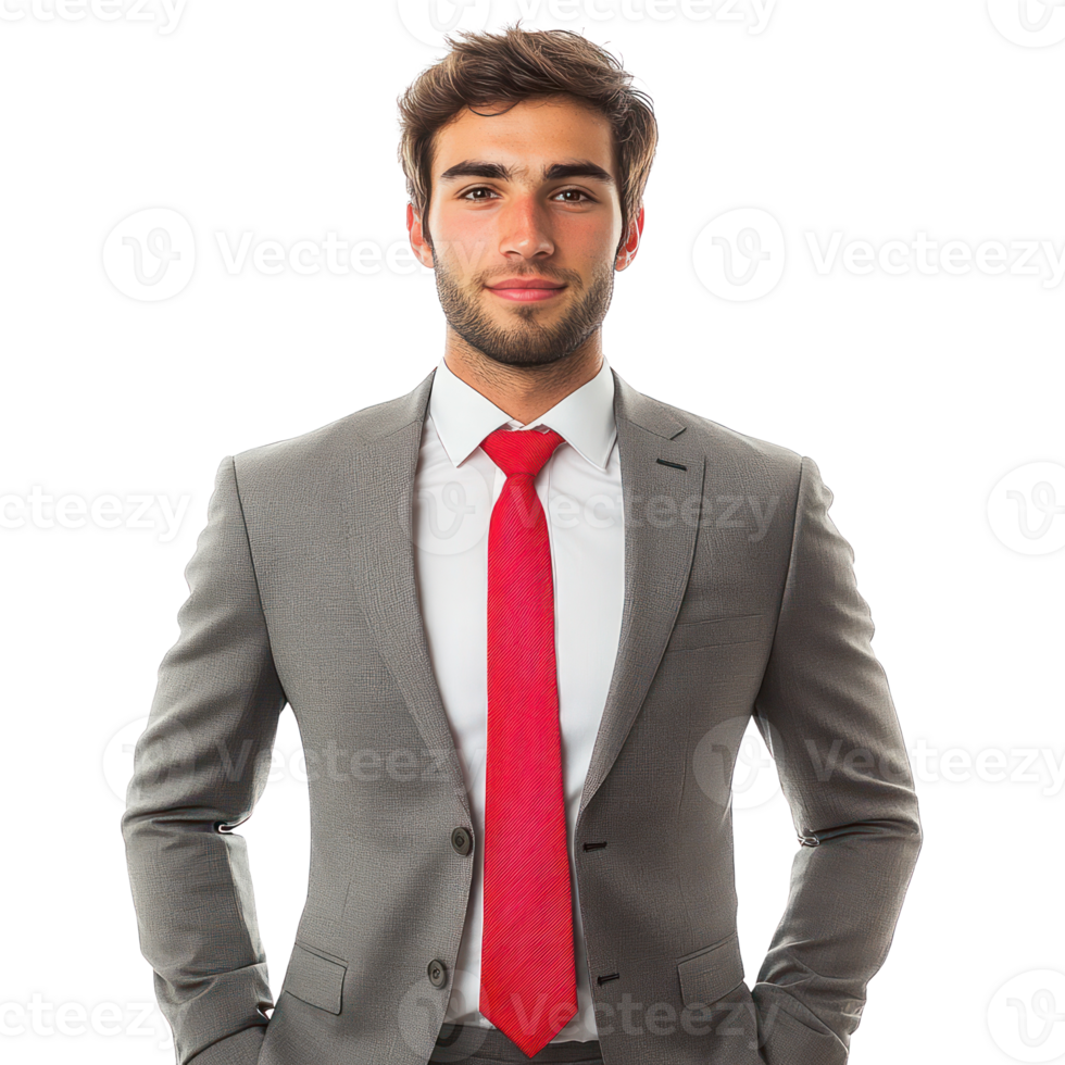 Young man wearing a gray suit and red tie confidently poses with a neutral expression against a white background png