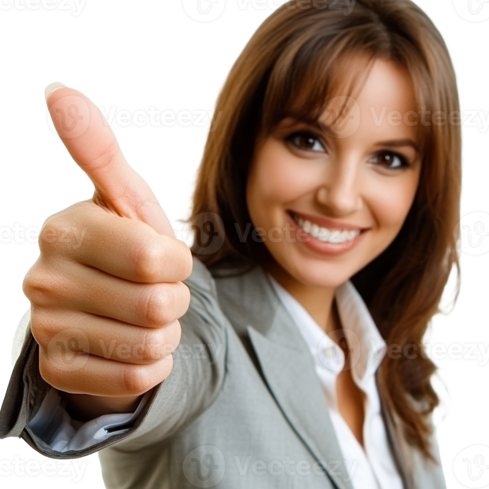 Confident woman giving thumbs up in a professional setting during daytime png