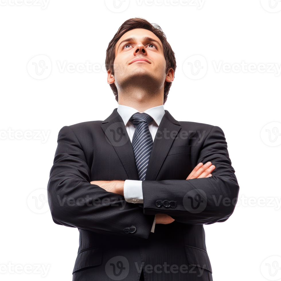 Confident businessman standing with arms crossed and looking upwards in a professional suit png
