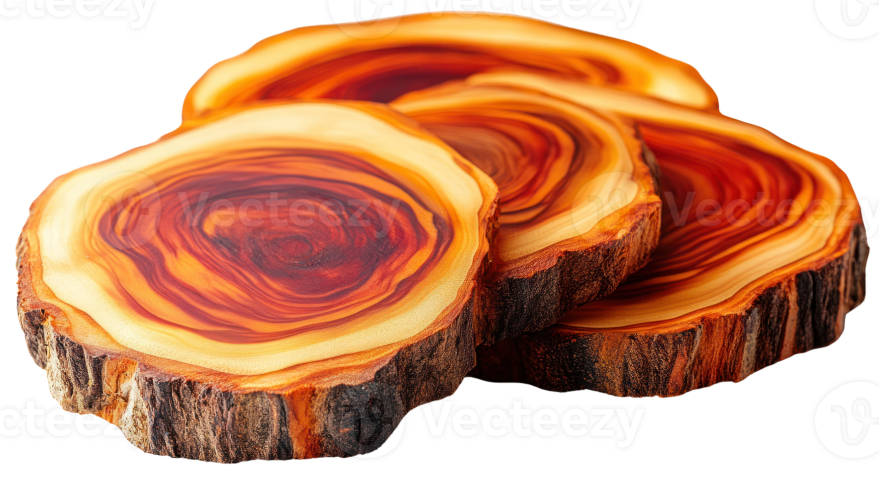 Unique slices of polished wood showcasing natural patterns and colors ideal for decor and craft projects png