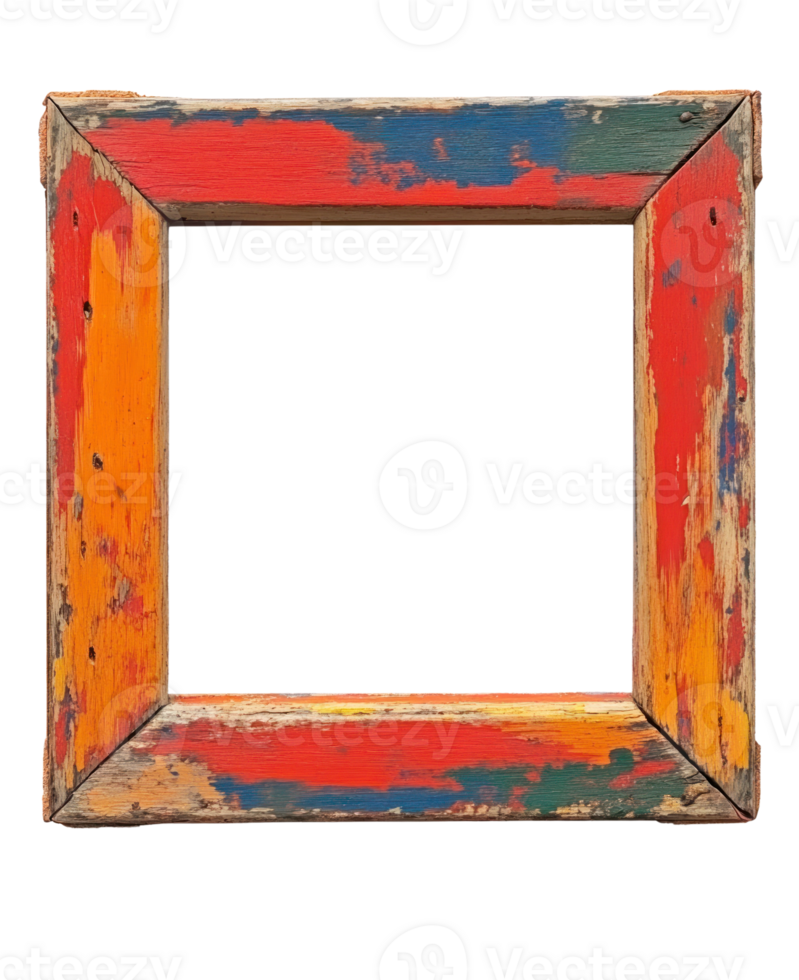 Colorful wooden frame with vibrant paint remnants isolated on a white background png