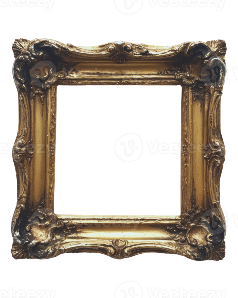 Decorative golden picture frame with intricate details isolated on white background for showcasing art png