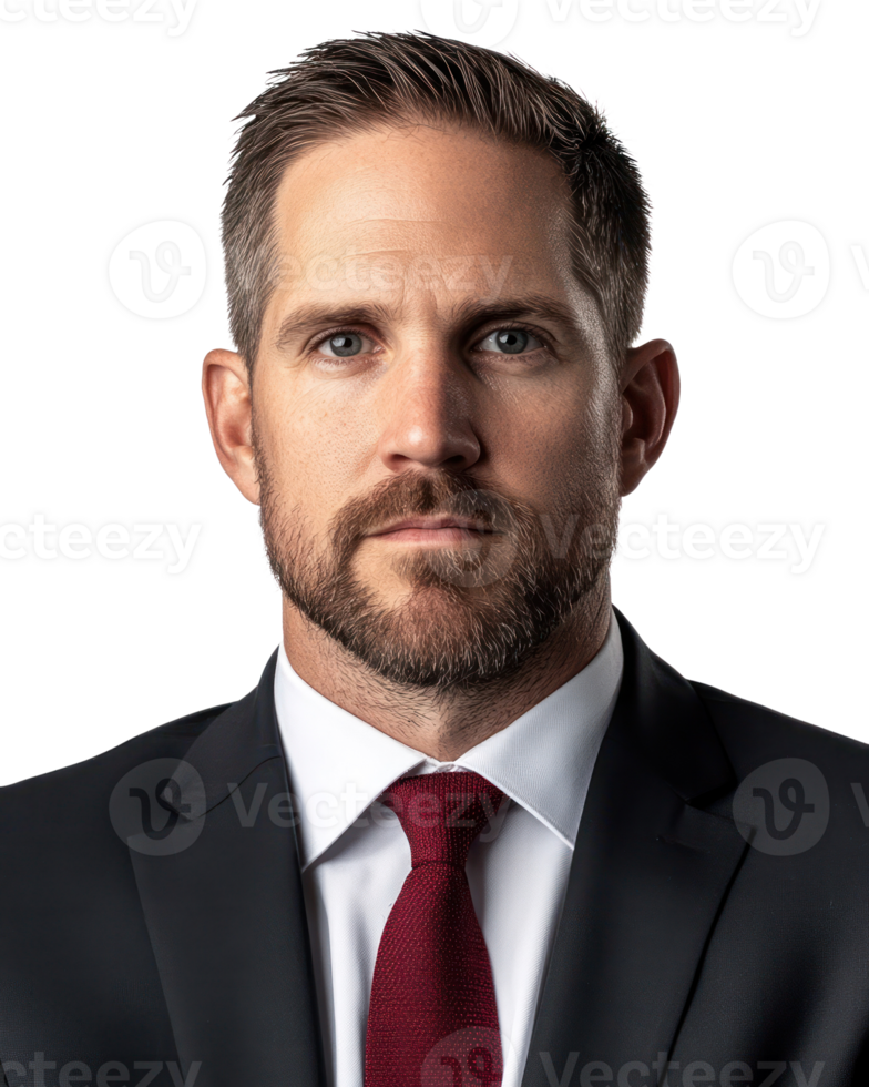 Professional man in formal suit with beard and neutral expression, isolated against white background png
