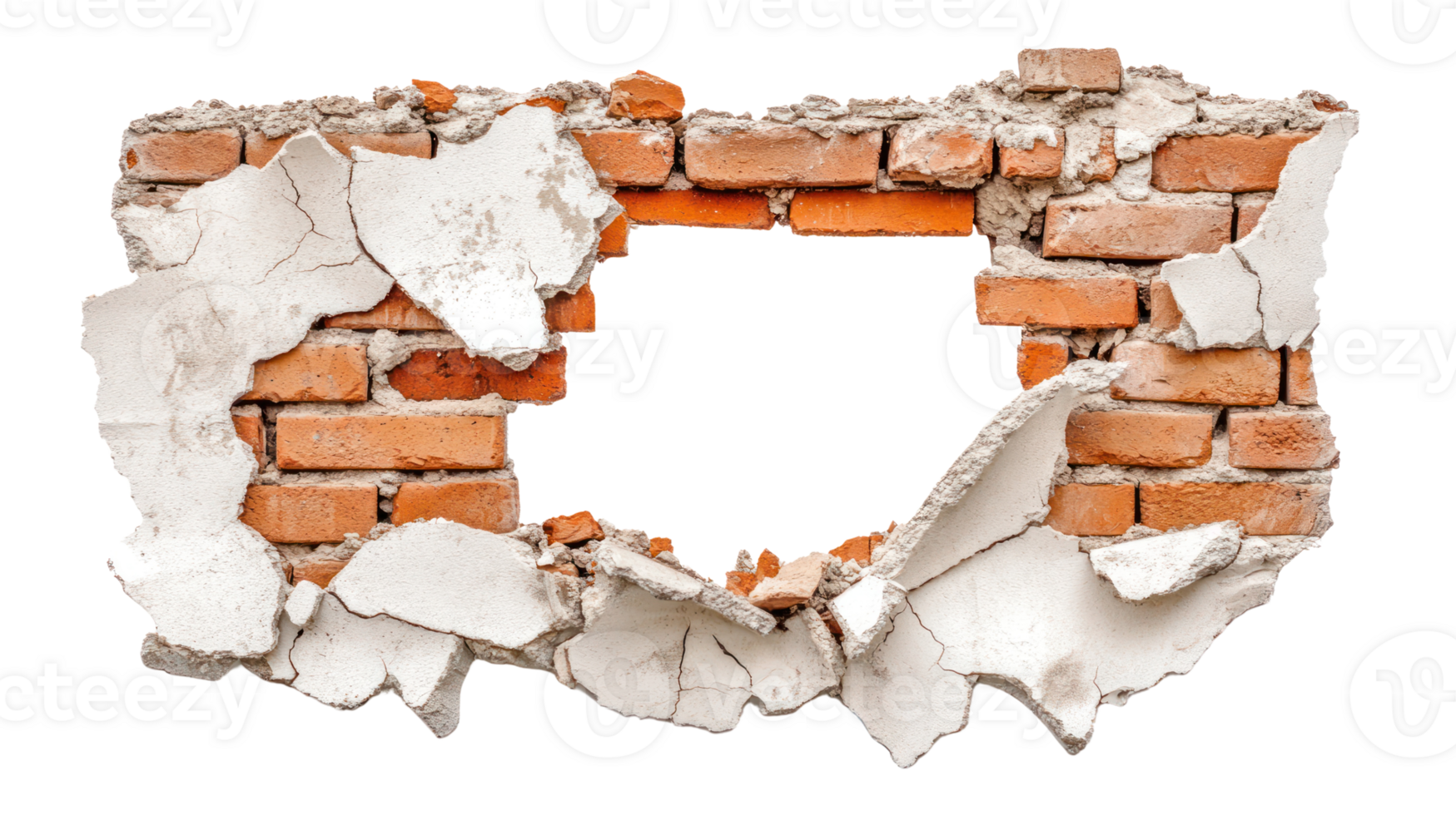 Broken brick wall revealing a gap with crumbling plaster around the edges in an isolated setting png