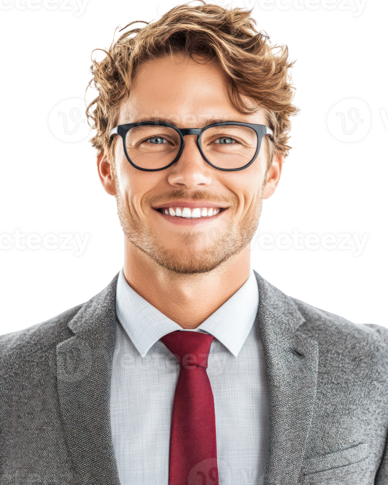 Young professional man smiling confidently in formal attire with glasses against a plain backdrop png