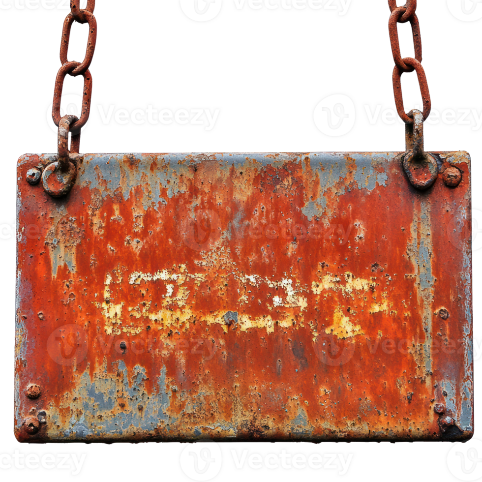 Rusty metal sign hanging from chain with peeling paint in a weathered condition png