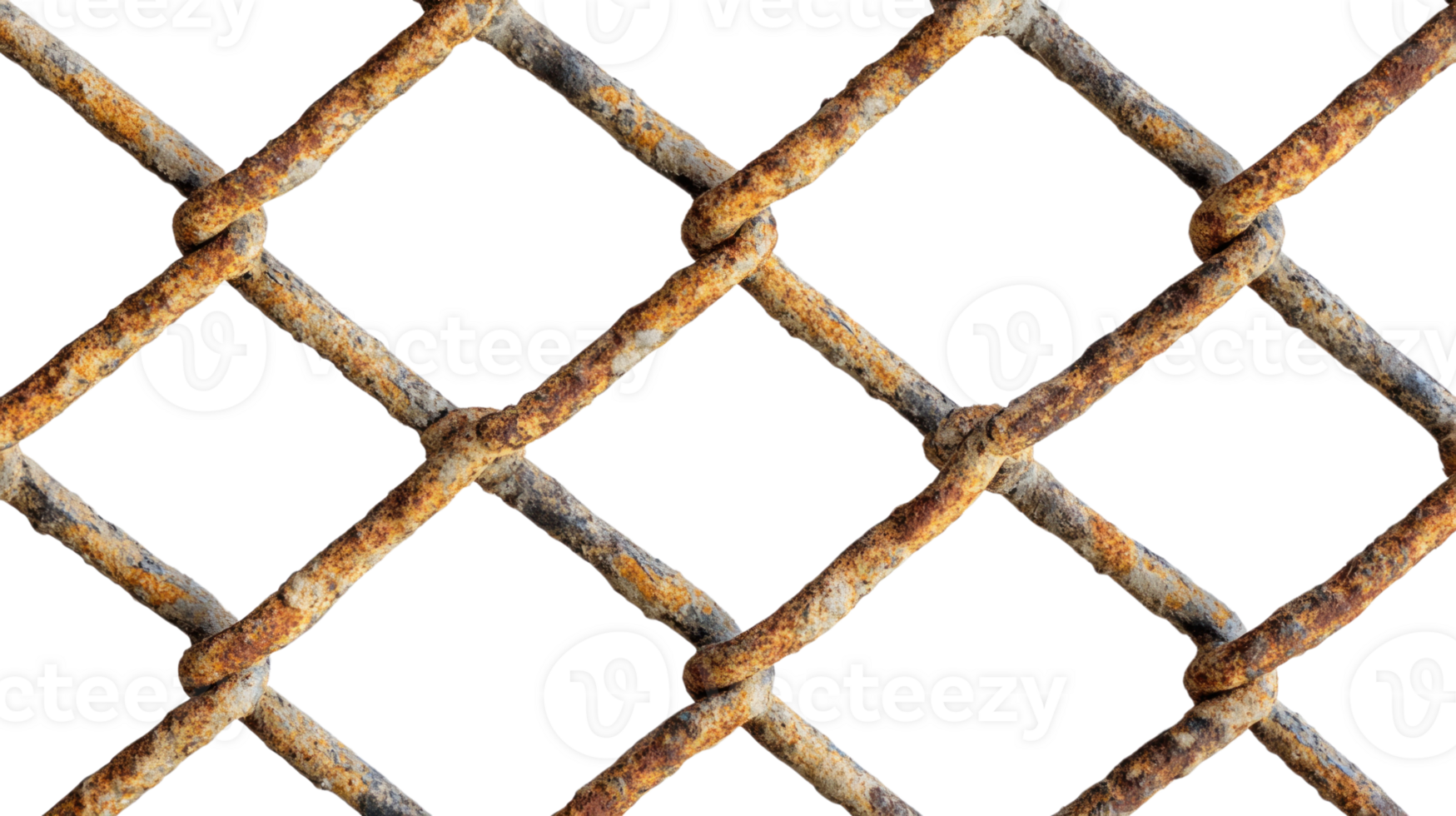 Rusty metal chain link fence with a weathered texture isolated on a white background png