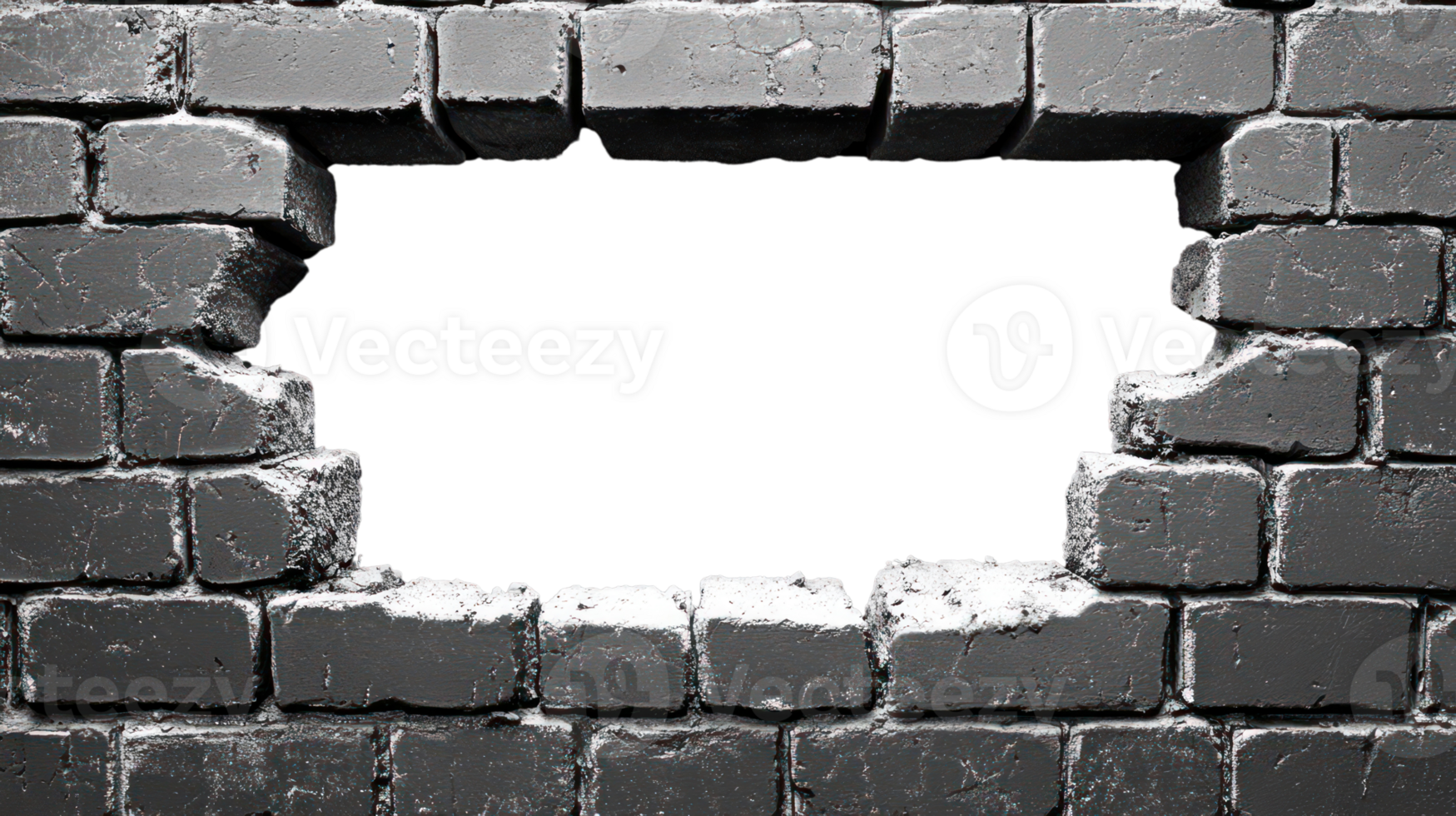 Broken gray brick wall with a clear rectangular opening against a white background png