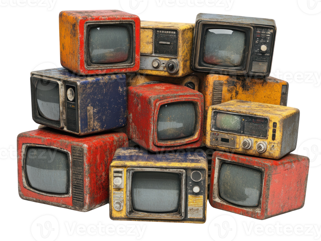 Vintage televisions stacked in a colorful arrangement showcasing retro design and worn textures png