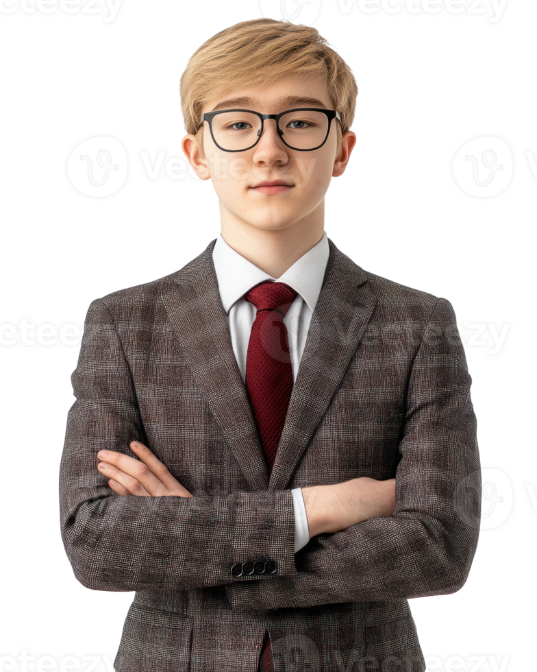Confident young man in formal attire with arms crossed on isolated background png