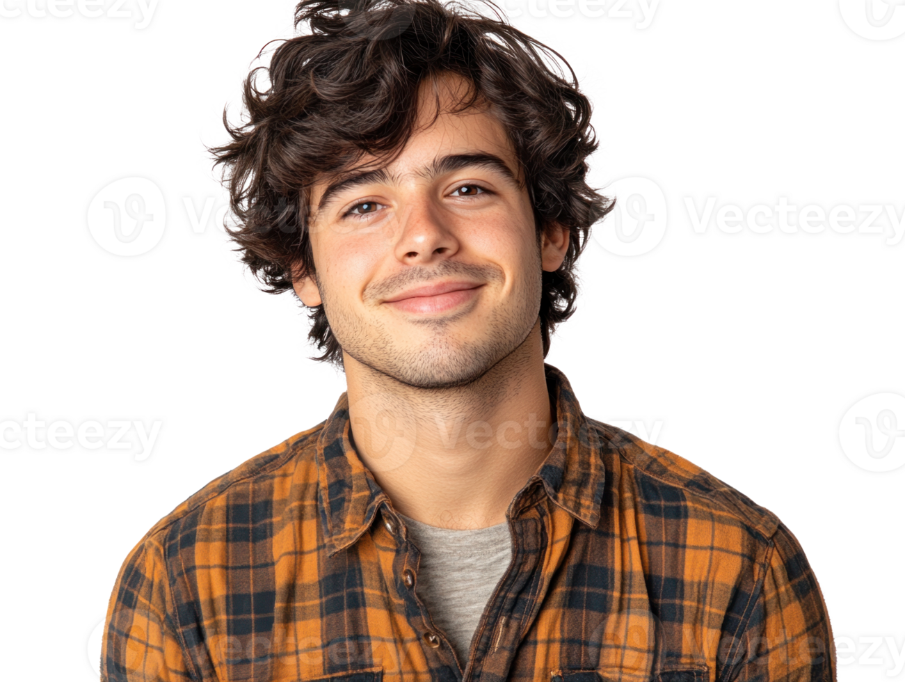 Young man with curly hair smiles happily in casual plaid shirt against white background png