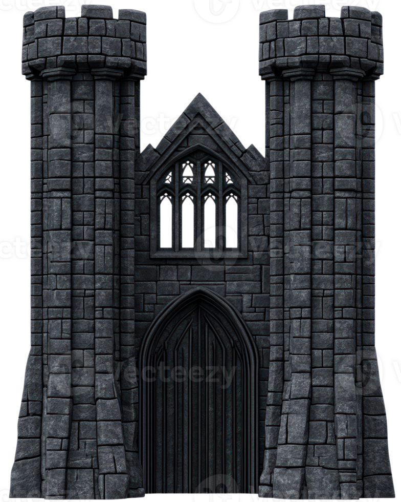 Castle entrance with tall towers and dark stone facade for fantasy settings png