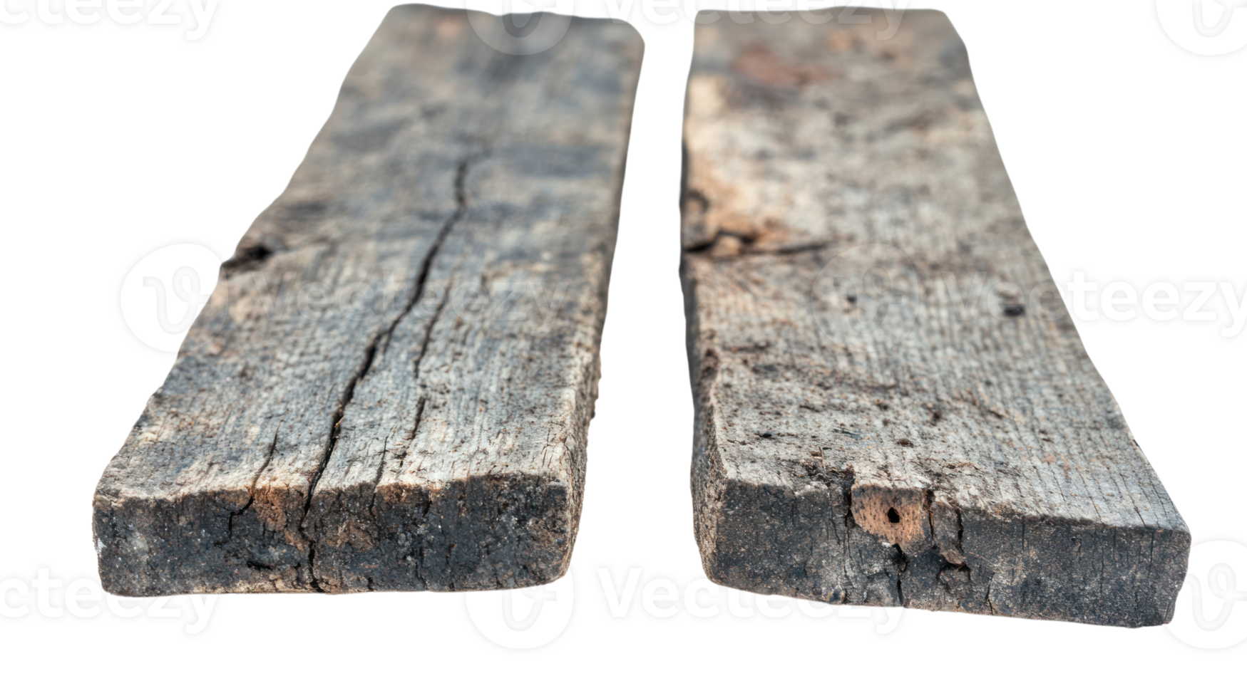 Two weathered wooden planks isolated on a white background showcasing texture and natural imperfections png