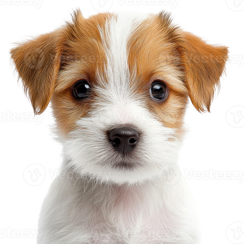 Cute puppy with fluffy fur and bright eyes staring curiously at the viewer in a studio setting png
