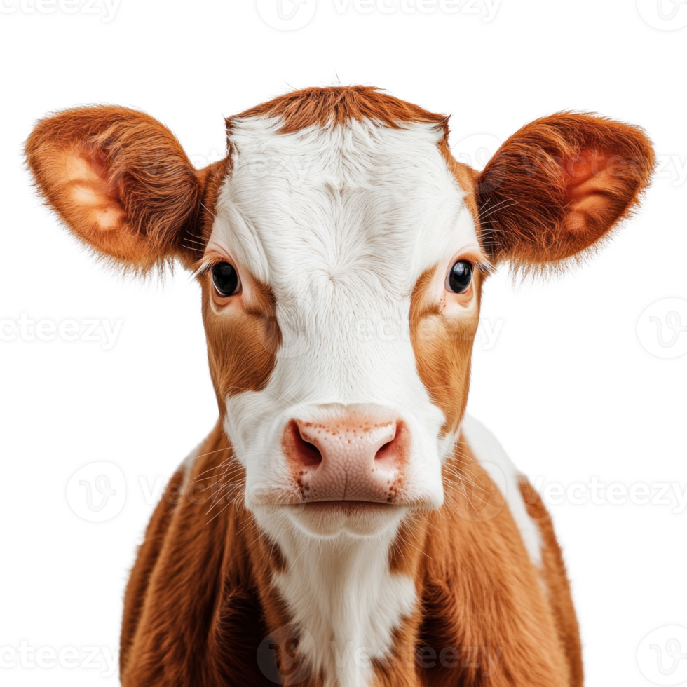 Cute calf with brown and white markings looking directly at the viewer in an isolated setting png