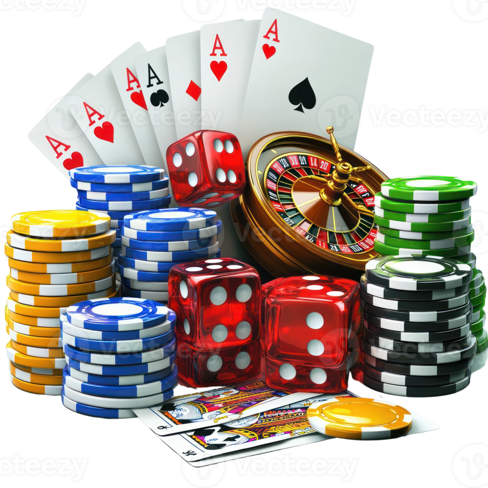 Exciting gambling scene with playing cards, dice, and roulette at a casino tabletop setup png
