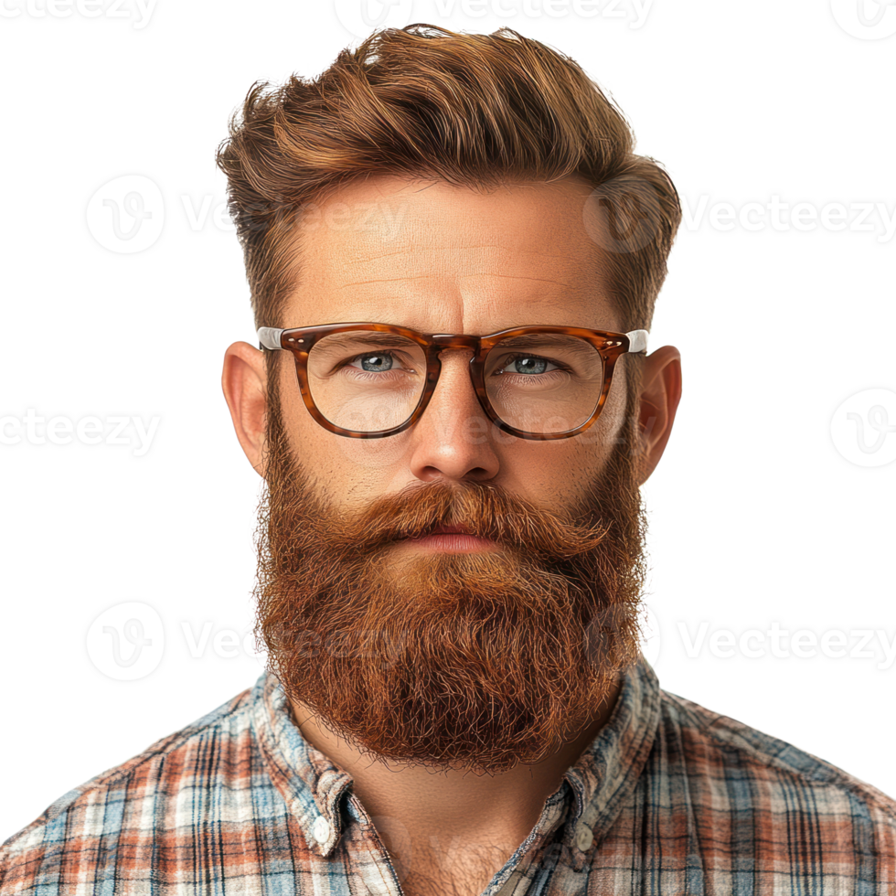 Handsome man with a beard and glasses poses confidently in a plaid shirt against a plain background png