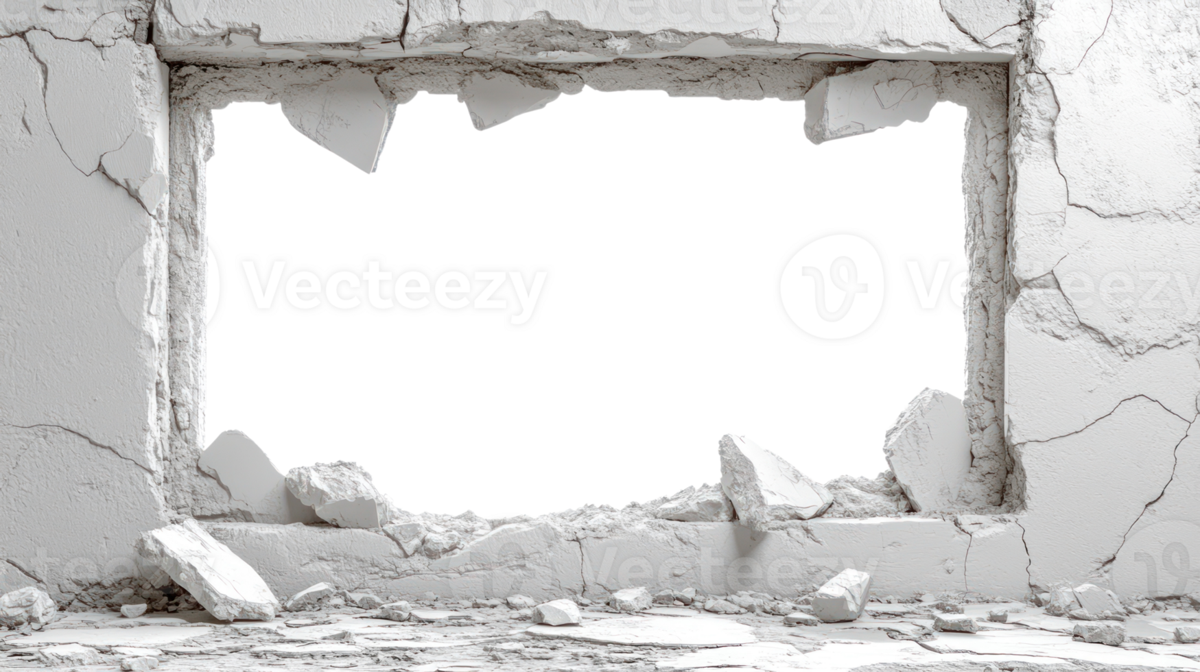 Broken wall with large opening revealing empty space and debris on the ground png