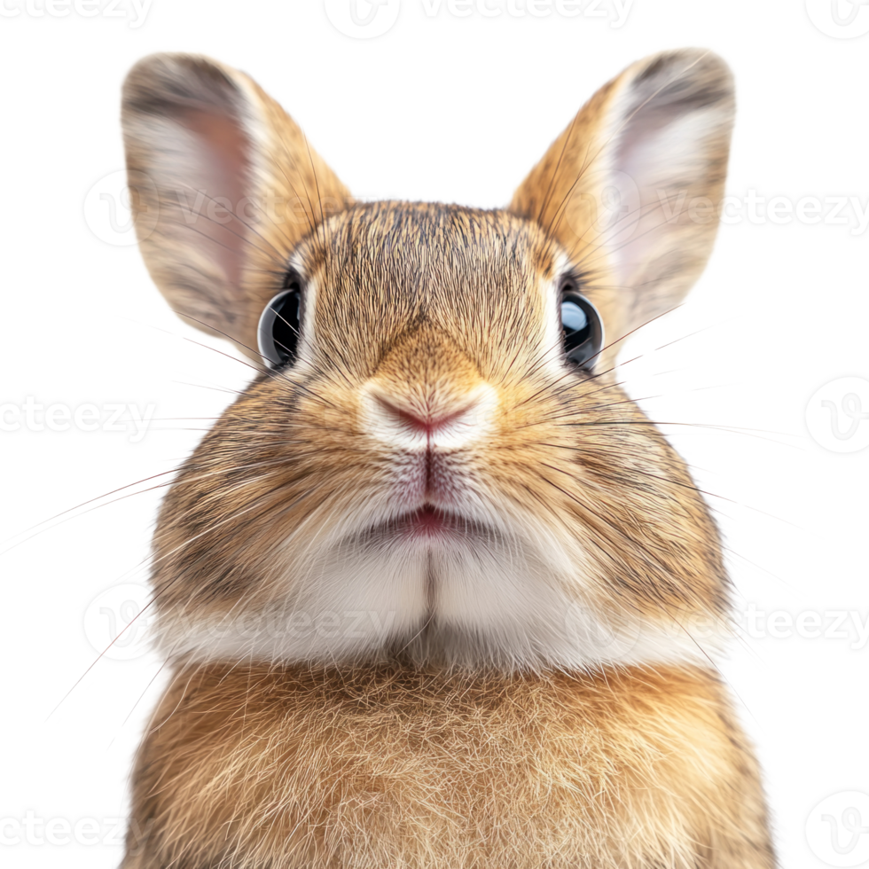 Close up view of a curious rabbit with big eyes against a plain white background png