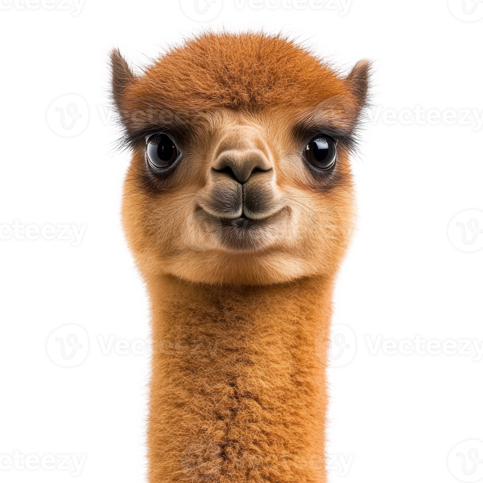Cute alpaca portrait with big eyes and fluffy fur against a bright background png