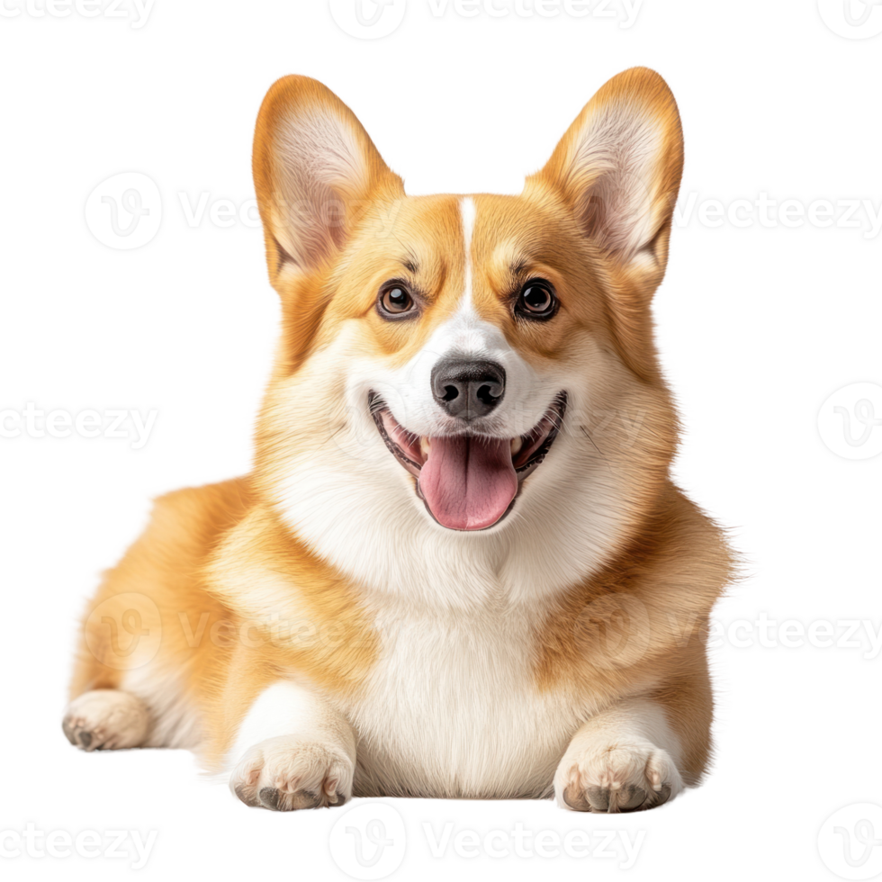 Happy corgi lying on a white background, showcasing its playful personality and adorable features png