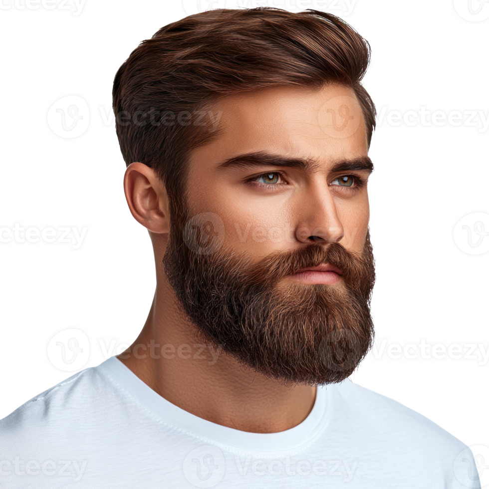 Detailed portrait of a man with a well groomed beard and stylish hairstyle against a plain background png