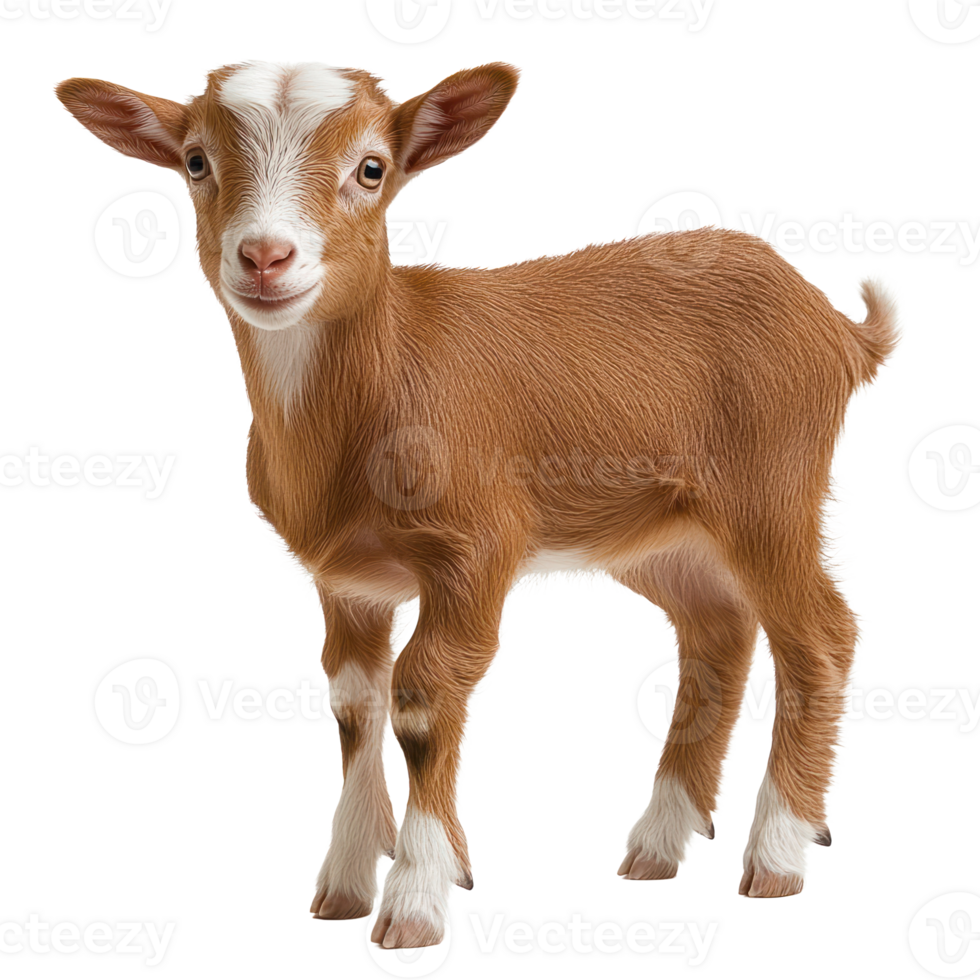 Cute young goat standing isolated with a joyful expression in a playful pose png